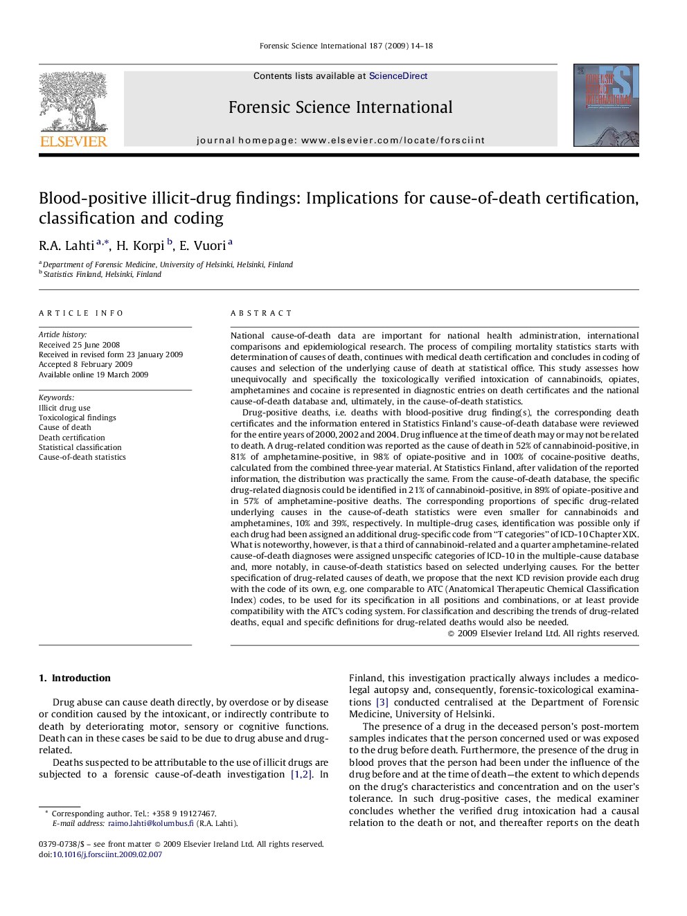 Blood-positive illicit-drug findings: Implications for cause-of-death certification, classification and coding