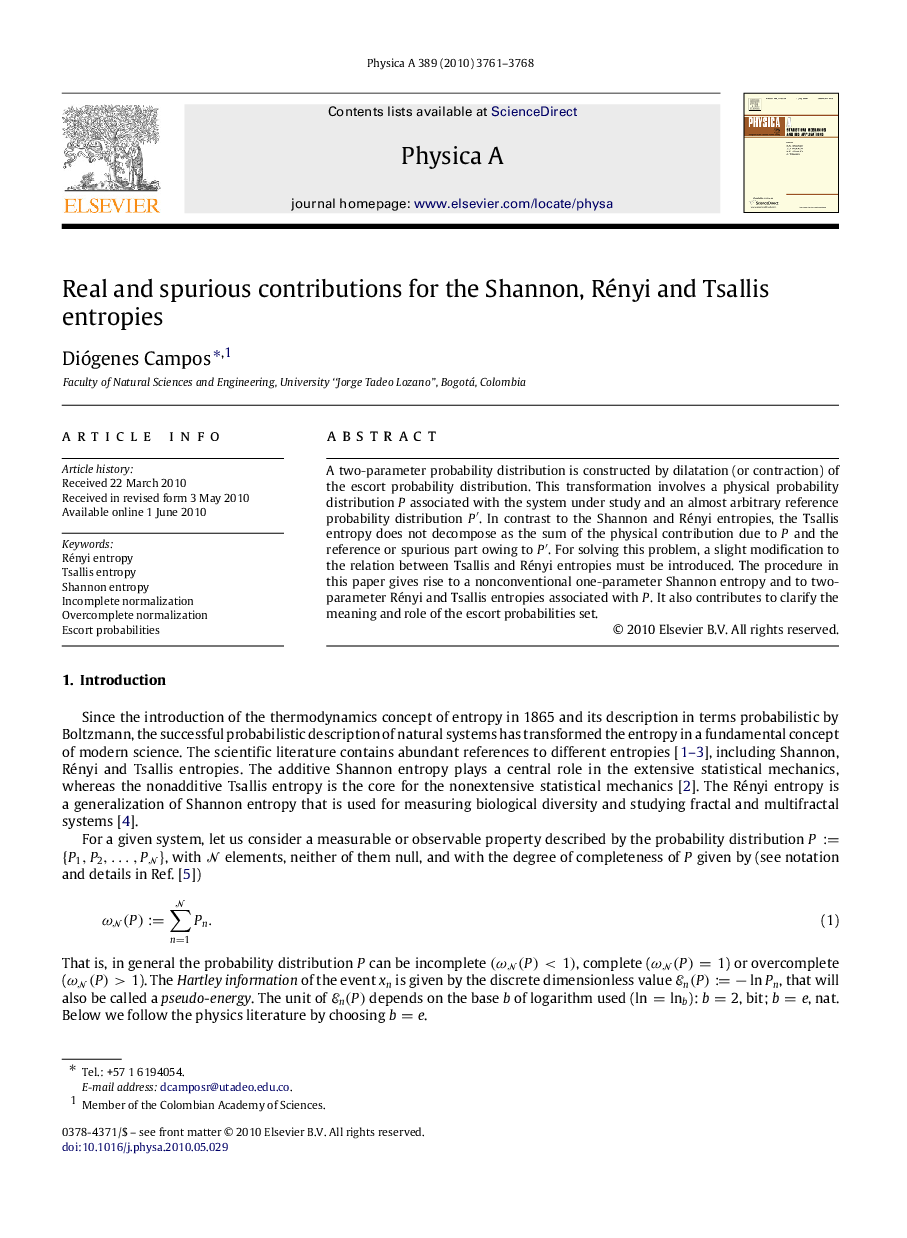 Real and spurious contributions for the Shannon, Rényi and Tsallis entropies