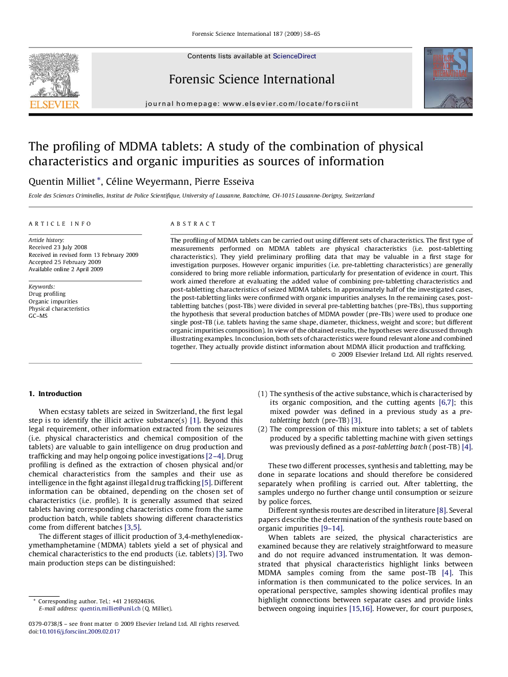 The profiling of MDMA tablets: A study of the combination of physical characteristics and organic impurities as sources of information