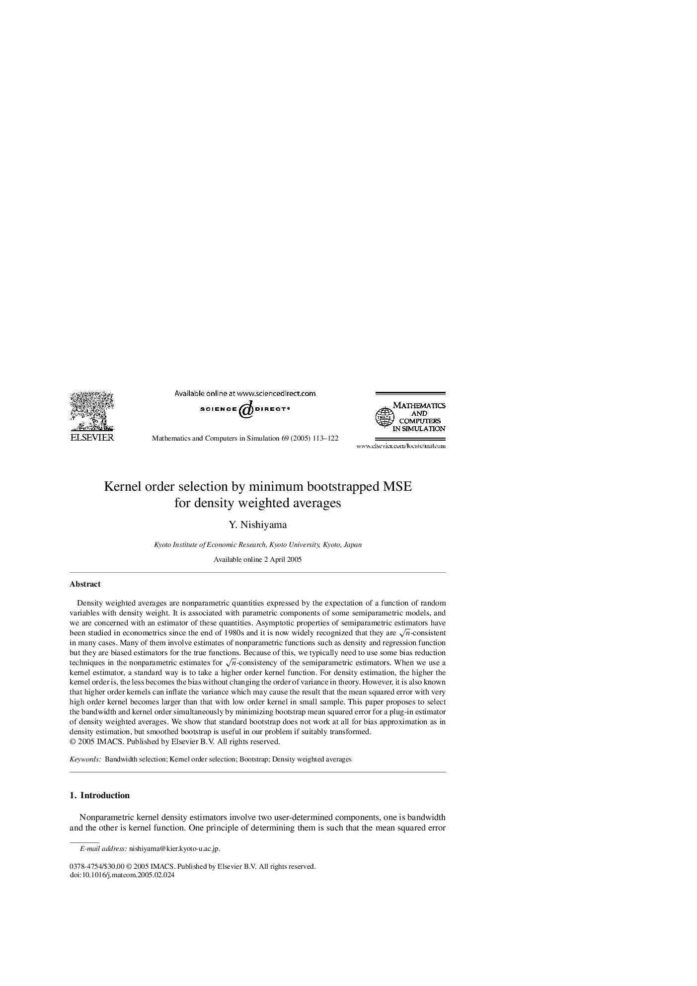 Kernel order selection by minimum bootstrapped MSE for density weighted averages