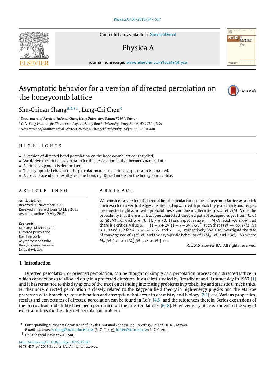 Asymptotic behavior for a version of directed percolation on the honeycomb lattice