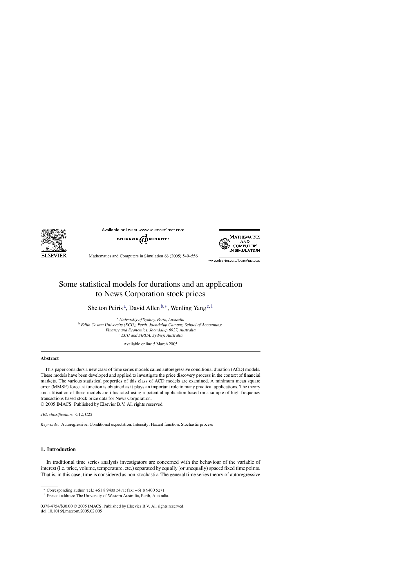 Some statistical models for durations and an application to News Corporation stock prices