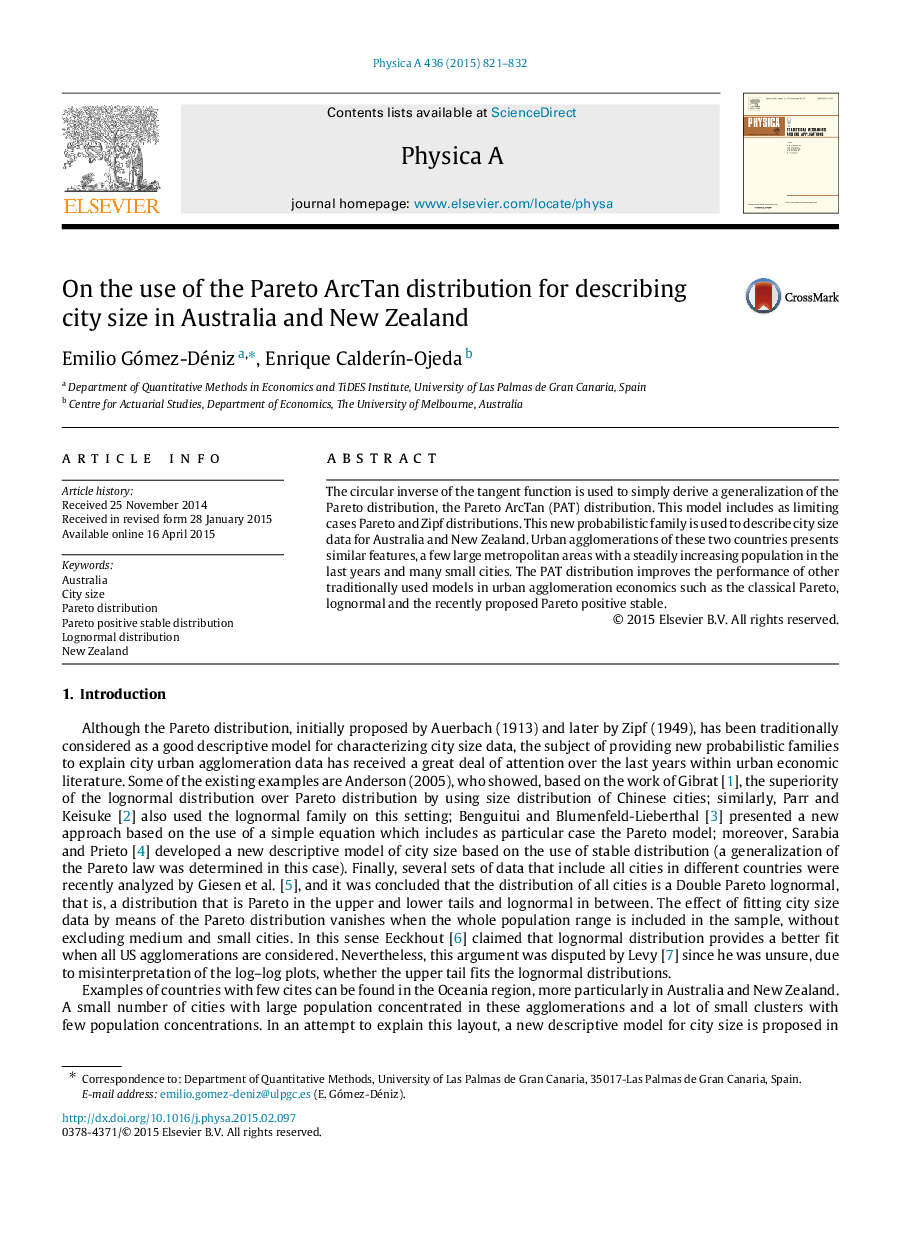 عکس صفحه اول مقاله: On the use of the Pareto ArcTan distribution for describing city size in Australia and New Zealand On the use of the Pareto ArcTan distribution for describing city size in Australia and New Zealand