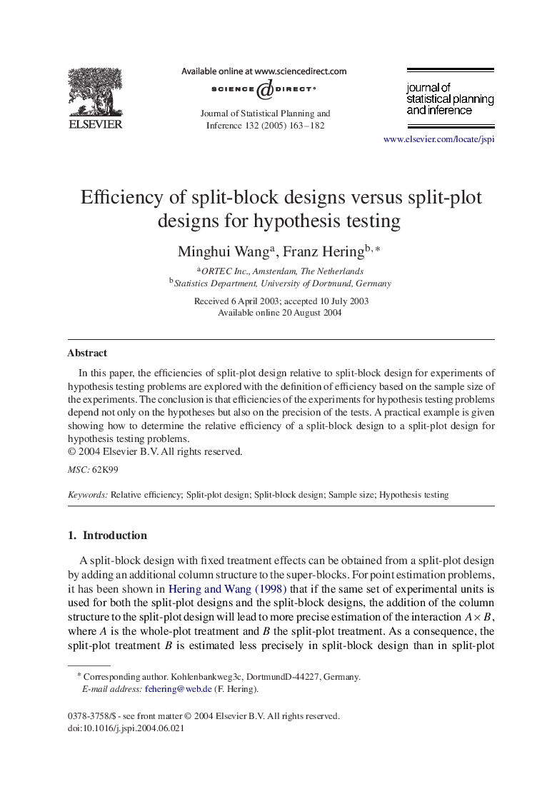 Efficiency of split-block designs versus split-plot designs for hypothesis testing