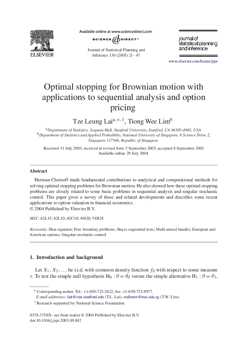 Optimal stopping for Brownian motion with applications to sequential analysis and option pricing