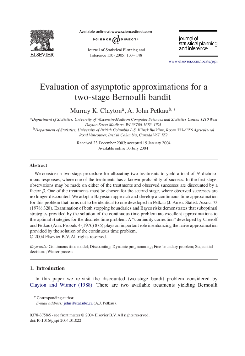 Evaluation of asymptotic approximations for a two-stage Bernoulli bandit