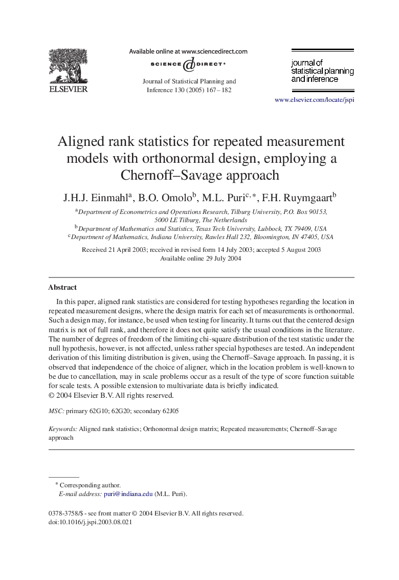 Aligned rank statistics for repeated measurement models with orthonormal design, employing a Chernoff-Savage approach