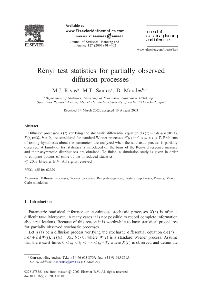 Rényi test statistics for partially observed diffusion processes