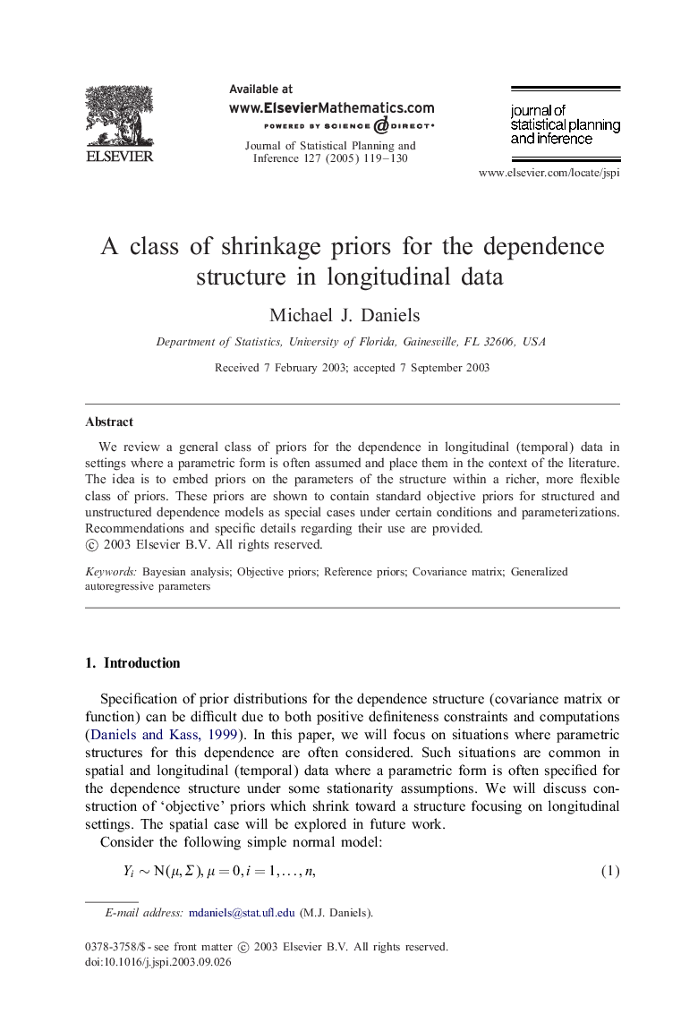 A class of shrinkage priors for the dependence structure in longitudinal data