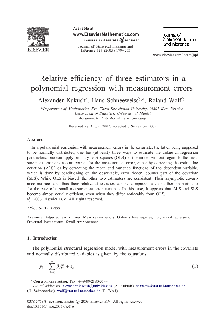 Relative efficiency of three estimators in a polynomial regression with measurement errors