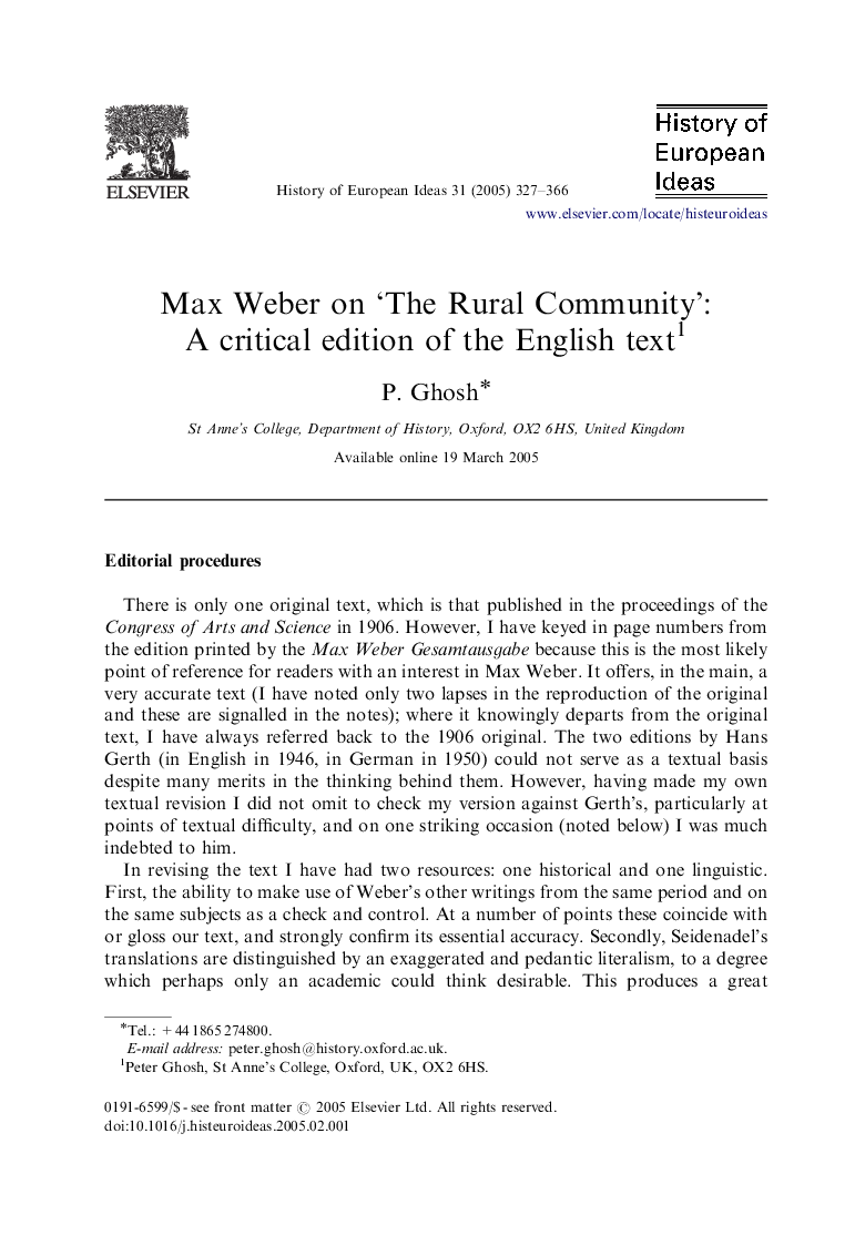 Max Weber on 'The Rural Community': A critical edition of the English text1