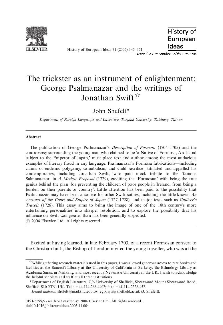 The trickster as an instrument of enlightenment: George Psalmanazar and the writings of Jonathan Swift