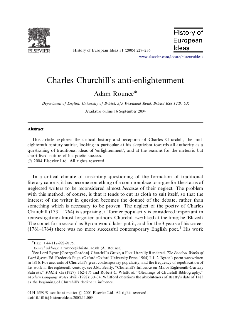 Charles Churchill's anti-enlightenment