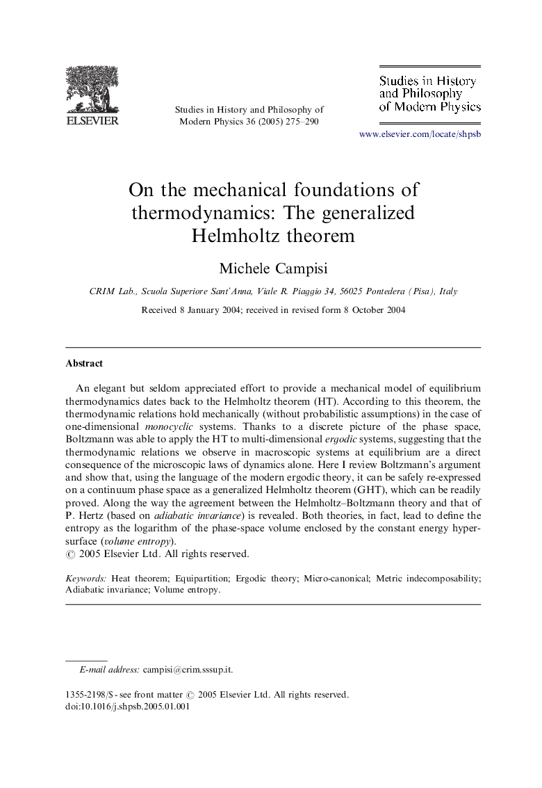 On the mechanical foundations of thermodynamics: The generalized Helmholtz theorem