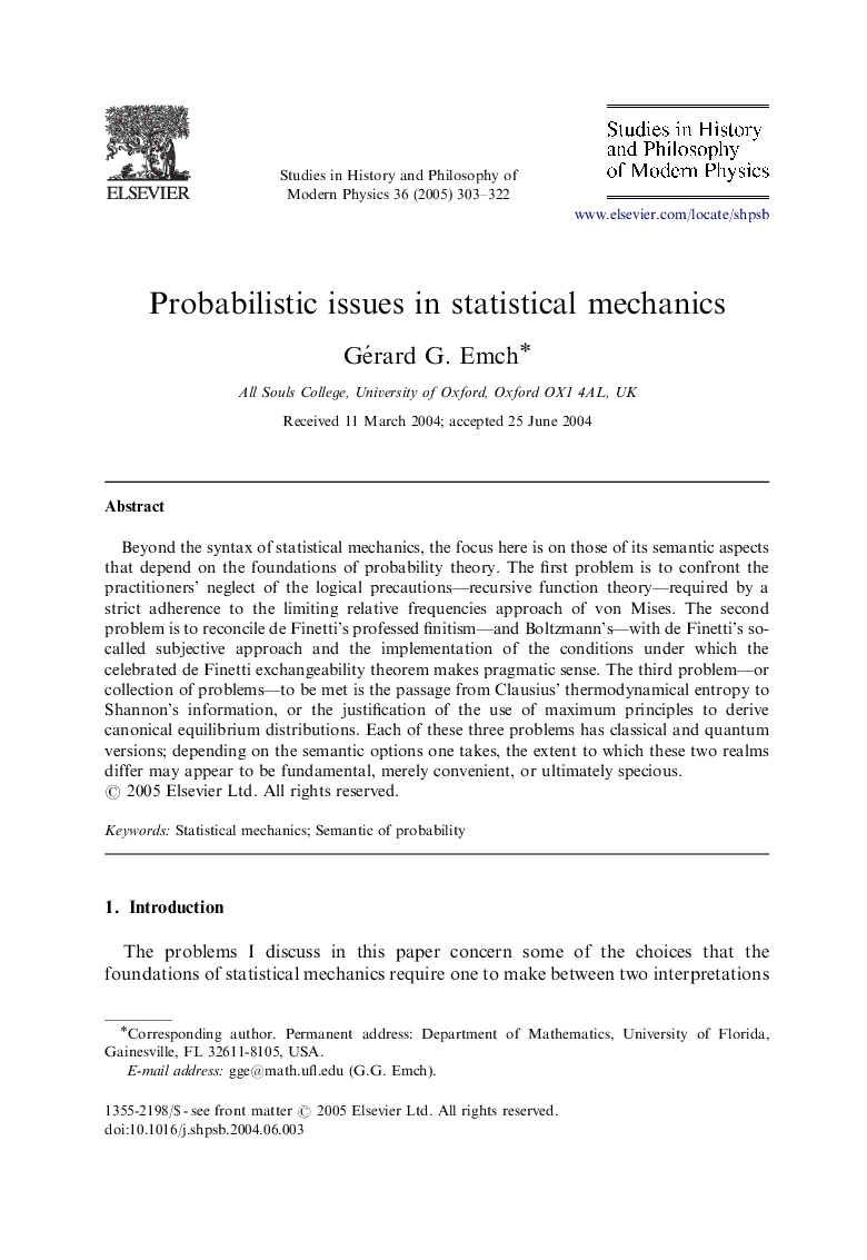 Probabilistic issues in statistical mechanics