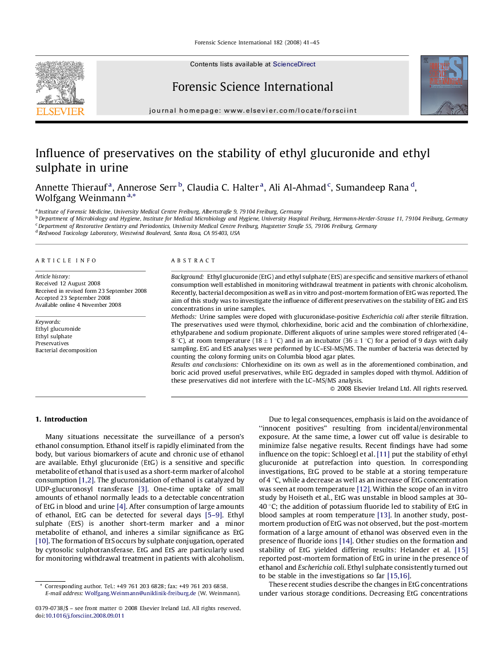 Influence of preservatives on the stability of ethyl glucuronide and ethyl sulphate in urine