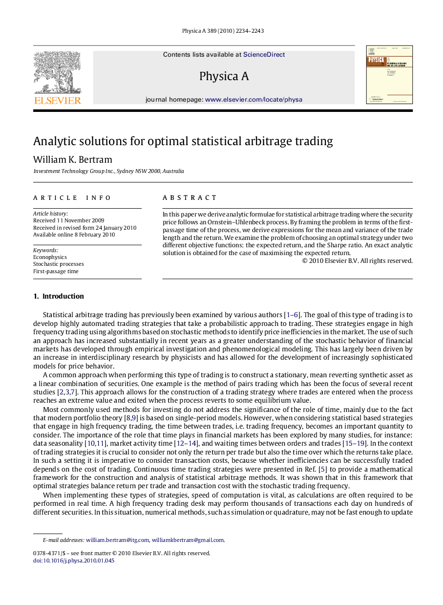 Analytic solutions for optimal statistical arbitrage trading