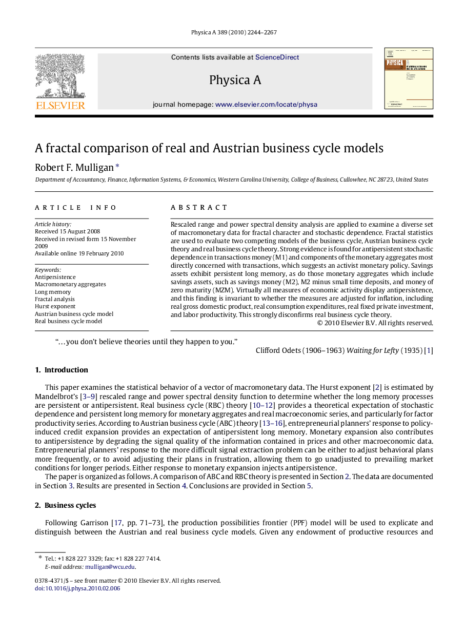 عکس صفحه اول مقاله: A fractal comparison of real and Austrian business cycle models A fractal comparison of real and Austrian business cycle models