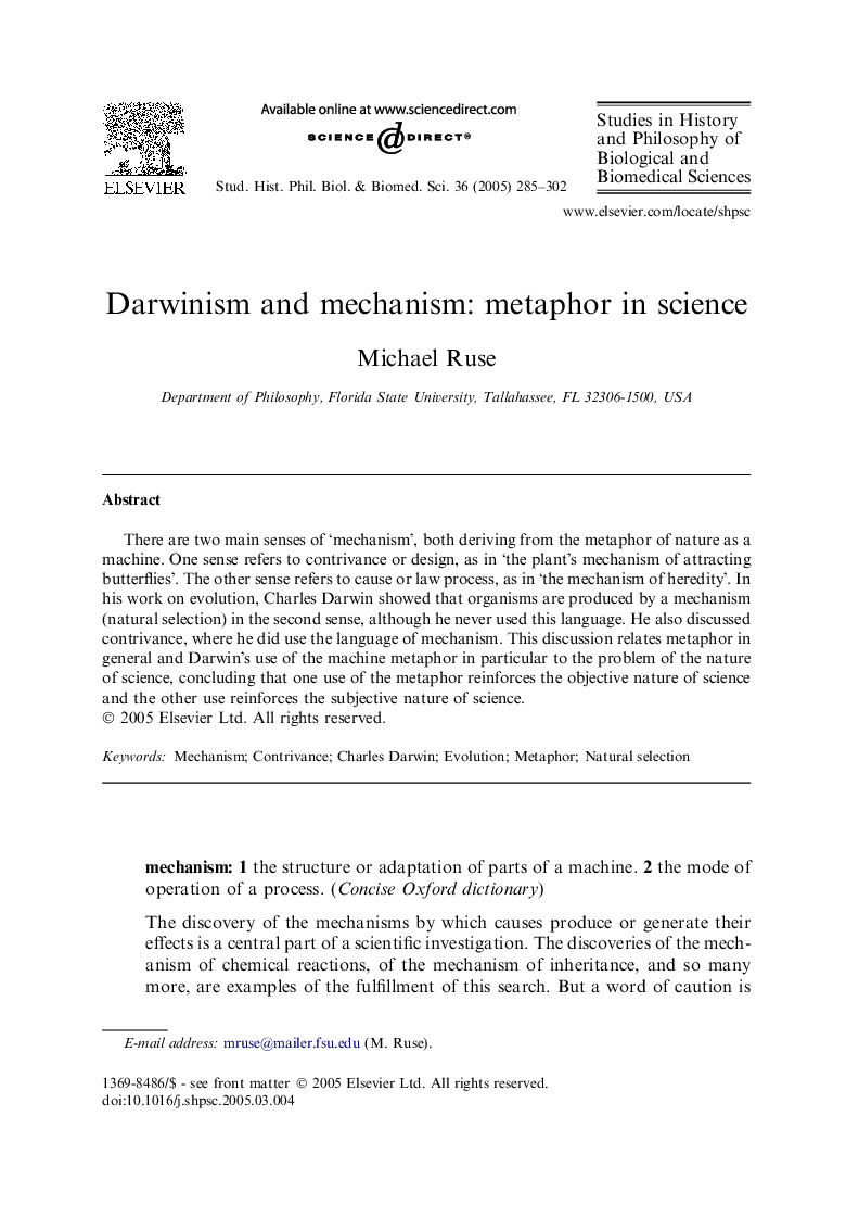 Darwinism and mechanism: metaphor in science