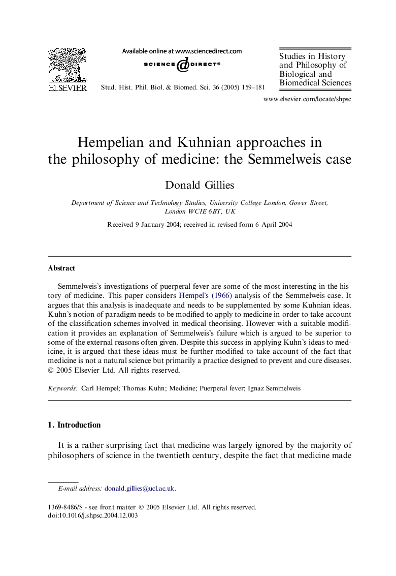 Hempelian and Kuhnian approaches in the philosophy of medicine: the Semmelweis case