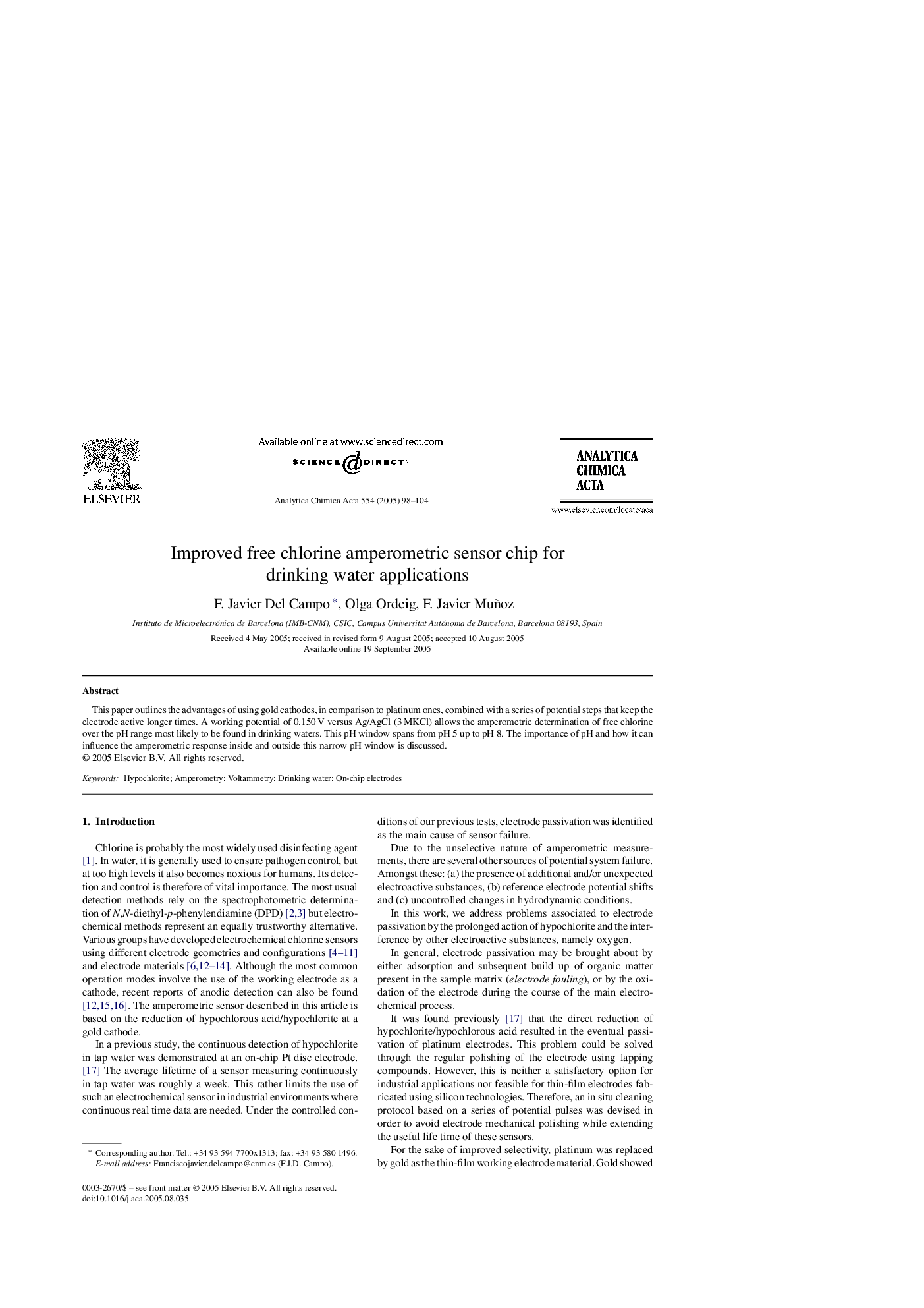 Improved free chlorine amperometric sensor chip for drinking water applications