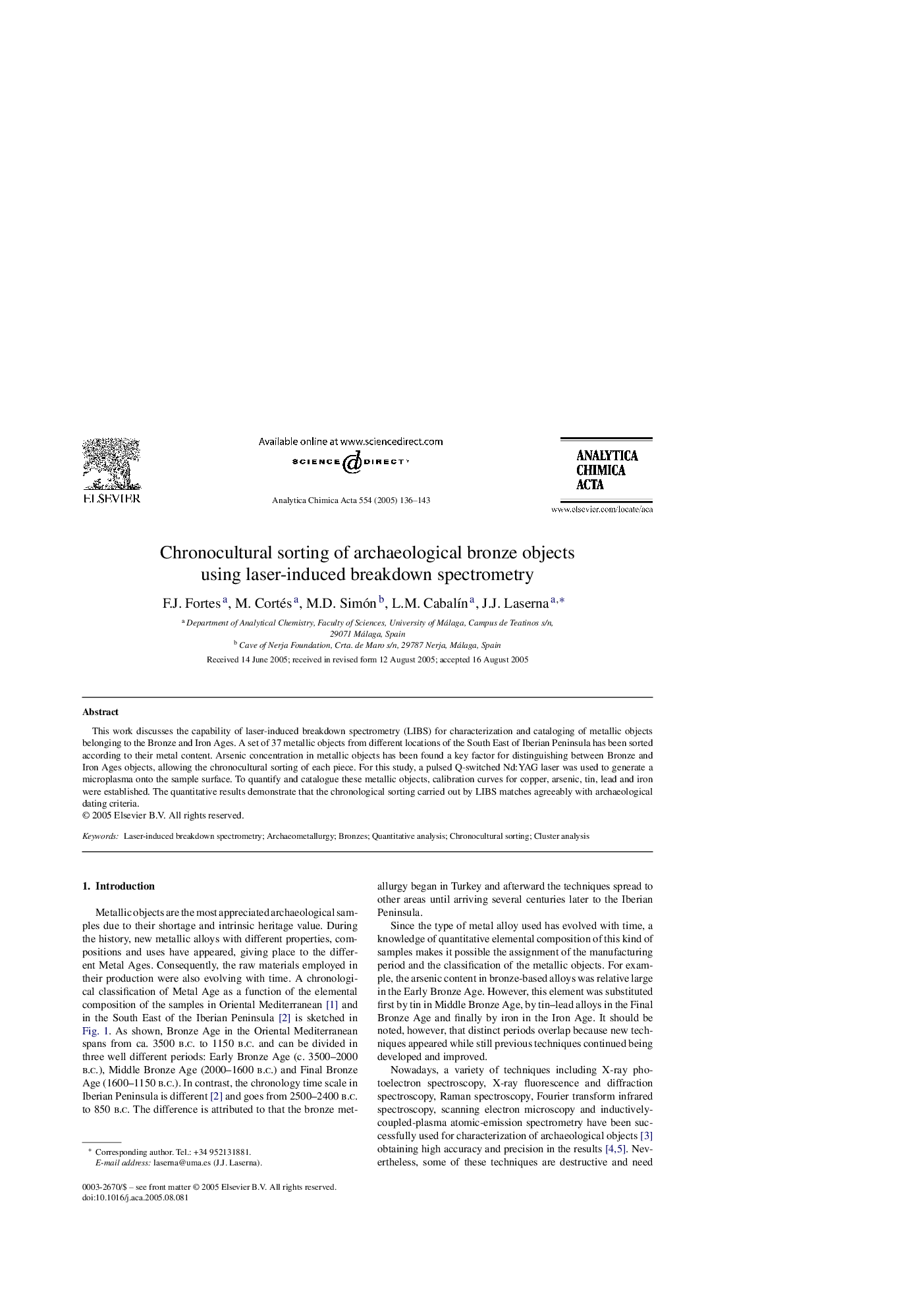 Chronocultural sorting of archaeological bronze objects using laser-induced breakdown spectrometry