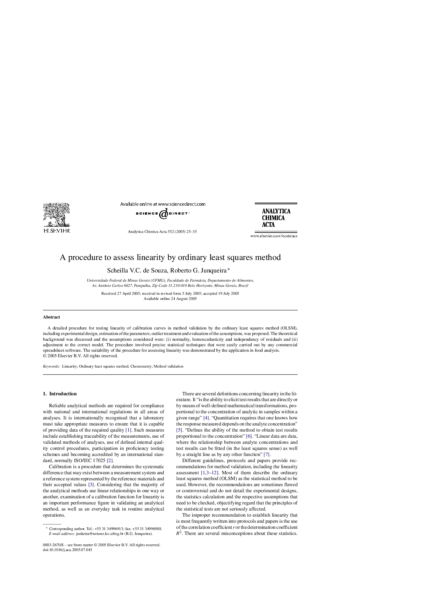 A procedure to assess linearity by ordinary least squares method