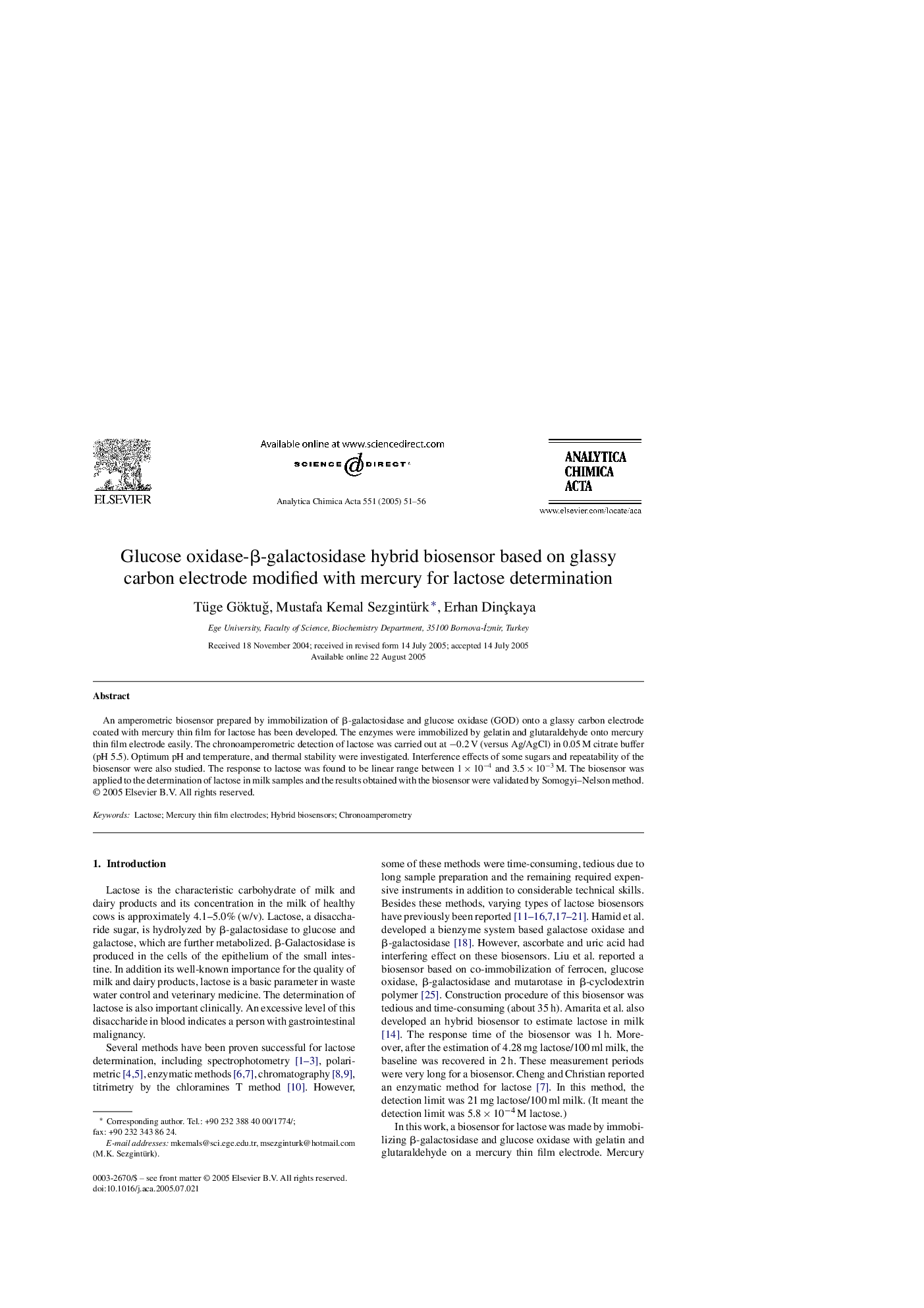 Glucose oxidase-Î²-galactosidase hybrid biosensor based on glassy carbon electrode modified with mercury for lactose determination