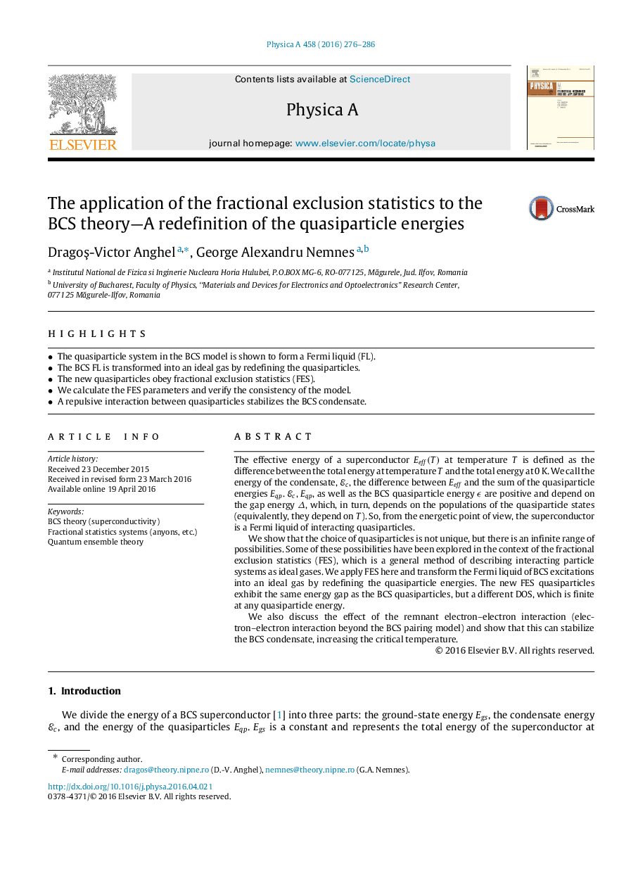 The application of the fractional exclusion statistics to the BCS theory—A redefinition of the quasiparticle energies