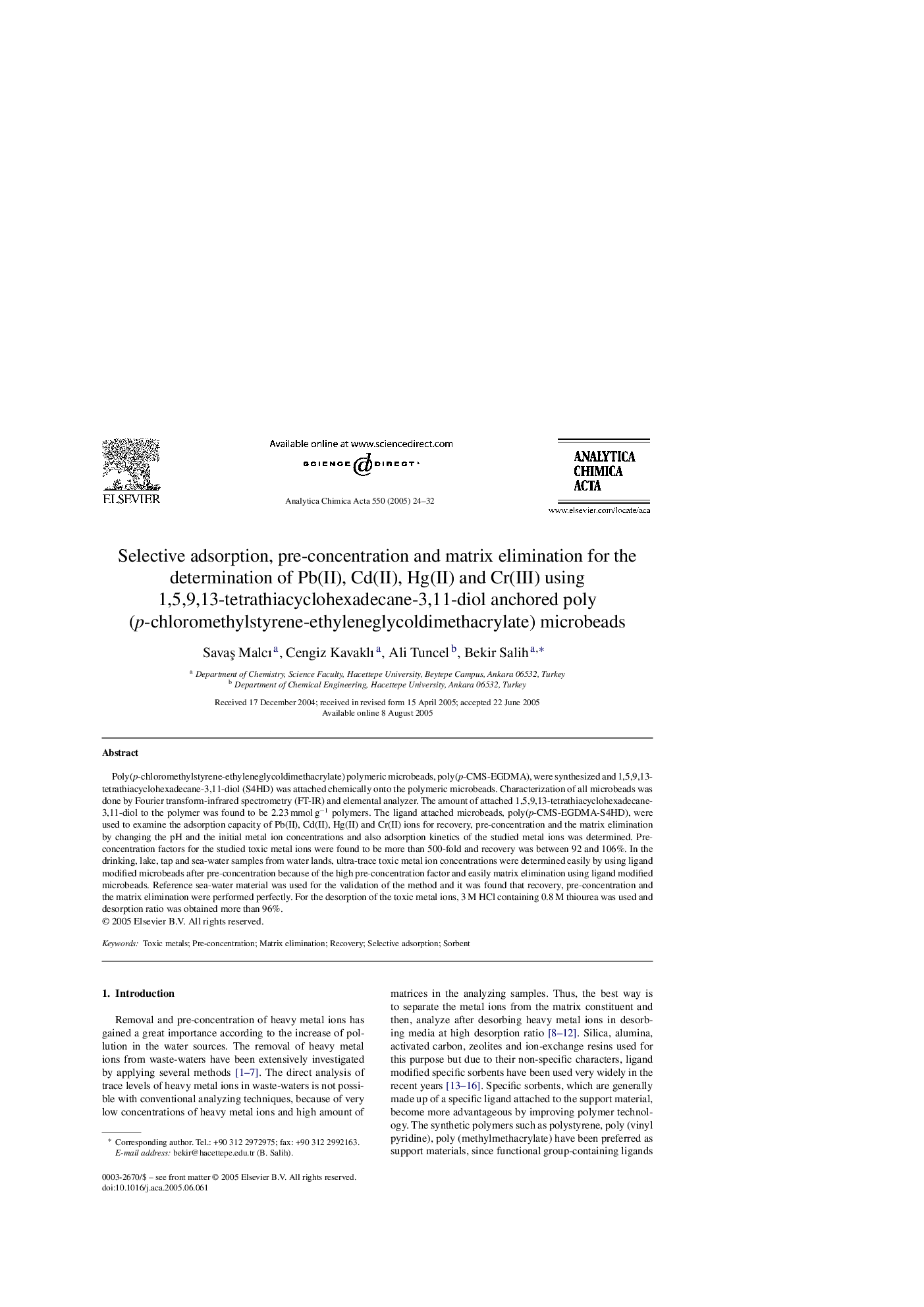 Selective adsorption, pre-concentration and matrix elimination for the determination of Pb(II), Cd(II), Hg(II) and Cr(III) using 1,5,9,13-tetrathiacyclohexadecane-3,11-diol anchored poly (p-chloromethylstyrene-ethyleneglycoldimethacrylate) microbeads