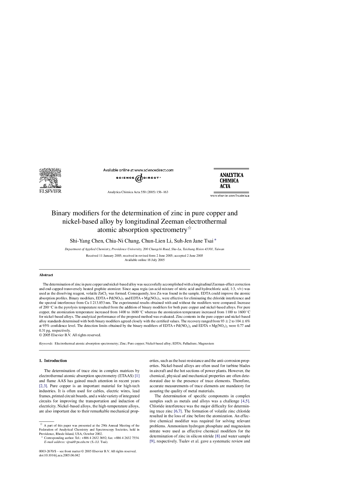 عکس صفحه اول مقاله: Binary modifiers for the determination of zinc in pure copper and nickel-based alloy by longitudinal Zeeman electrothermal atomic absorption spectrometry Binary modifiers for the determination of zinc in pure copper and nickel-based alloy by longitudinal Zeeman electrothermal atomic absorption spectrometry