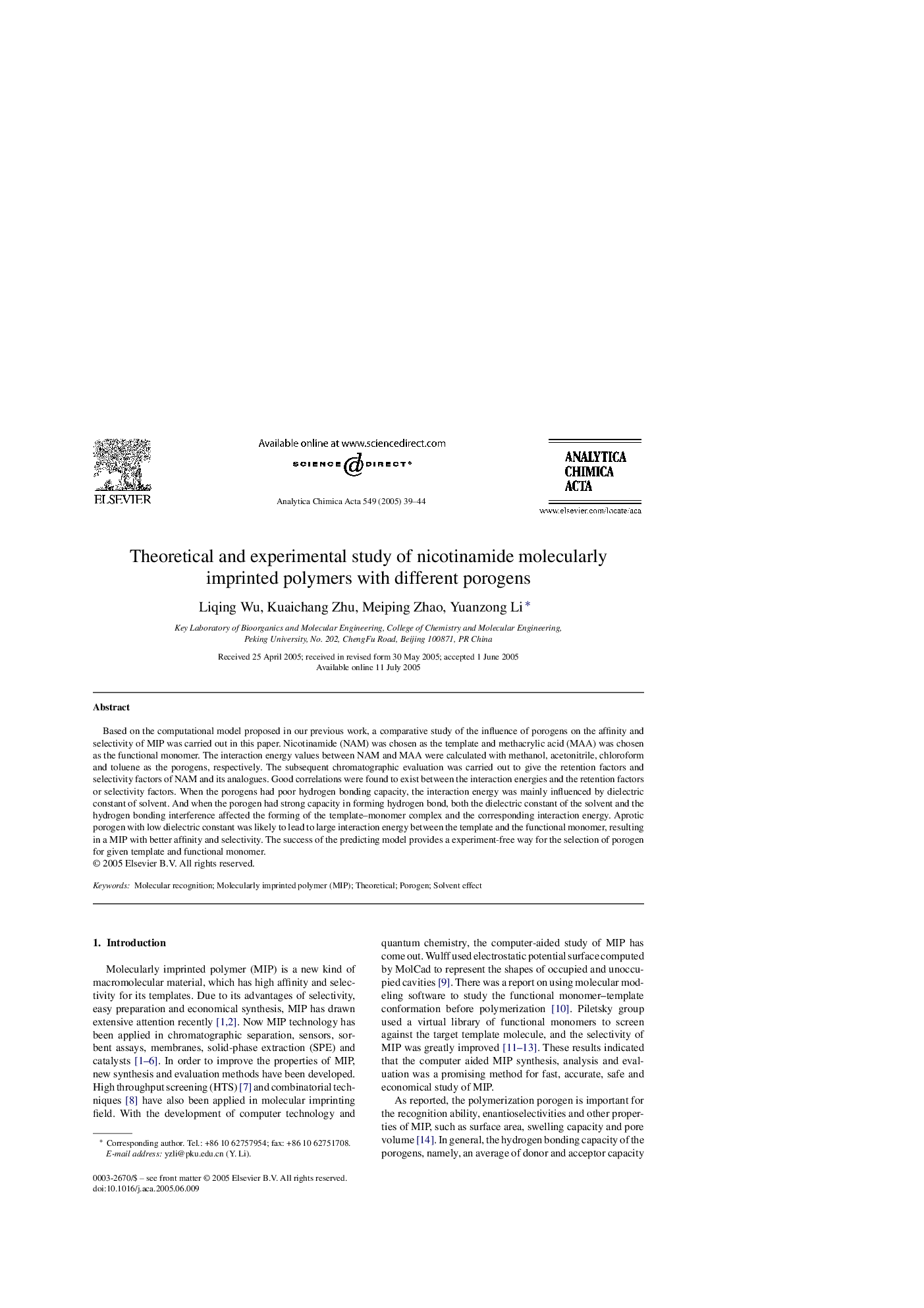 Theoretical and experimental study of nicotinamide molecularly imprinted polymers with different porogens