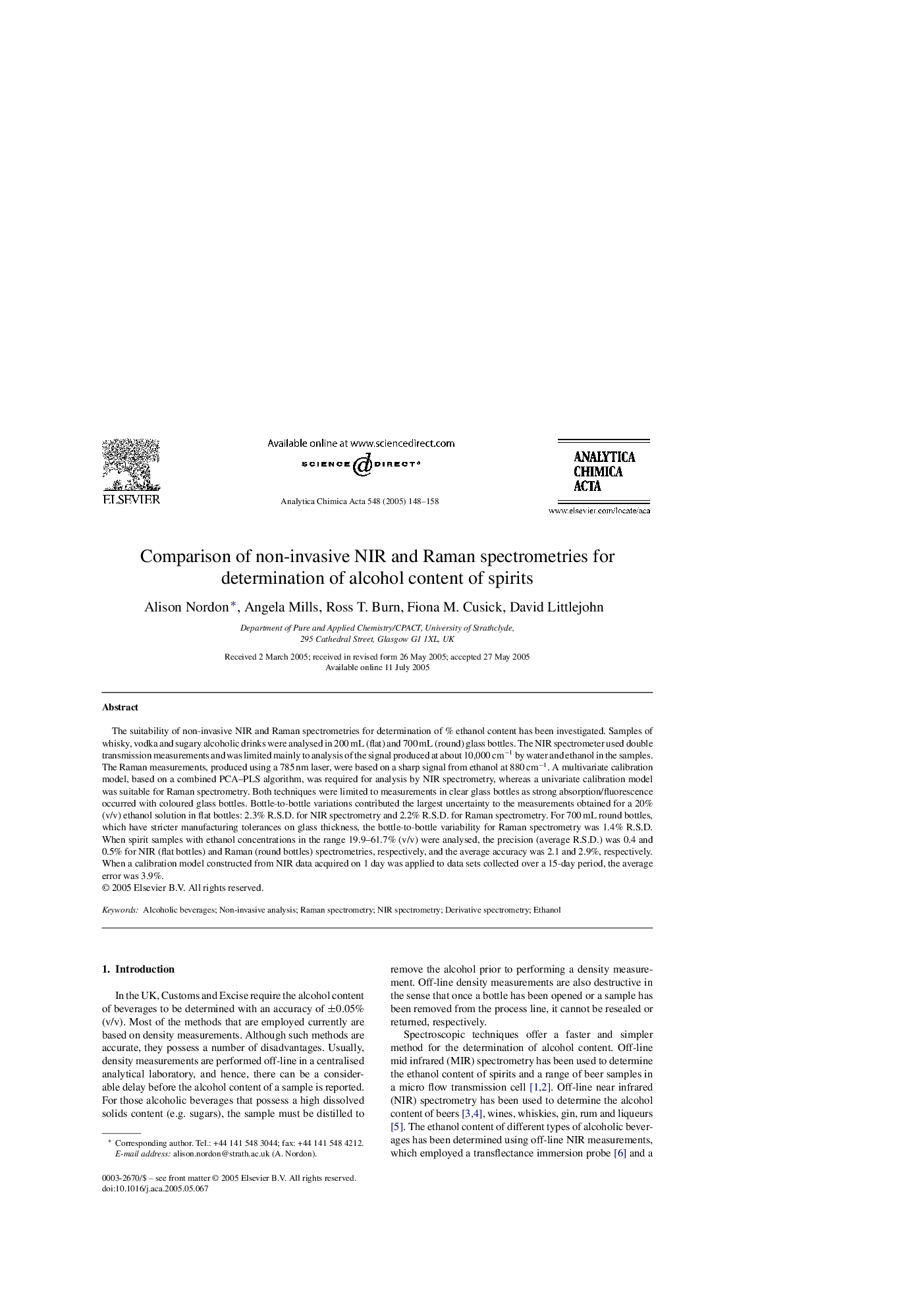 Comparison of non-invasive NIR and Raman spectrometries for determination of alcohol content of spirits