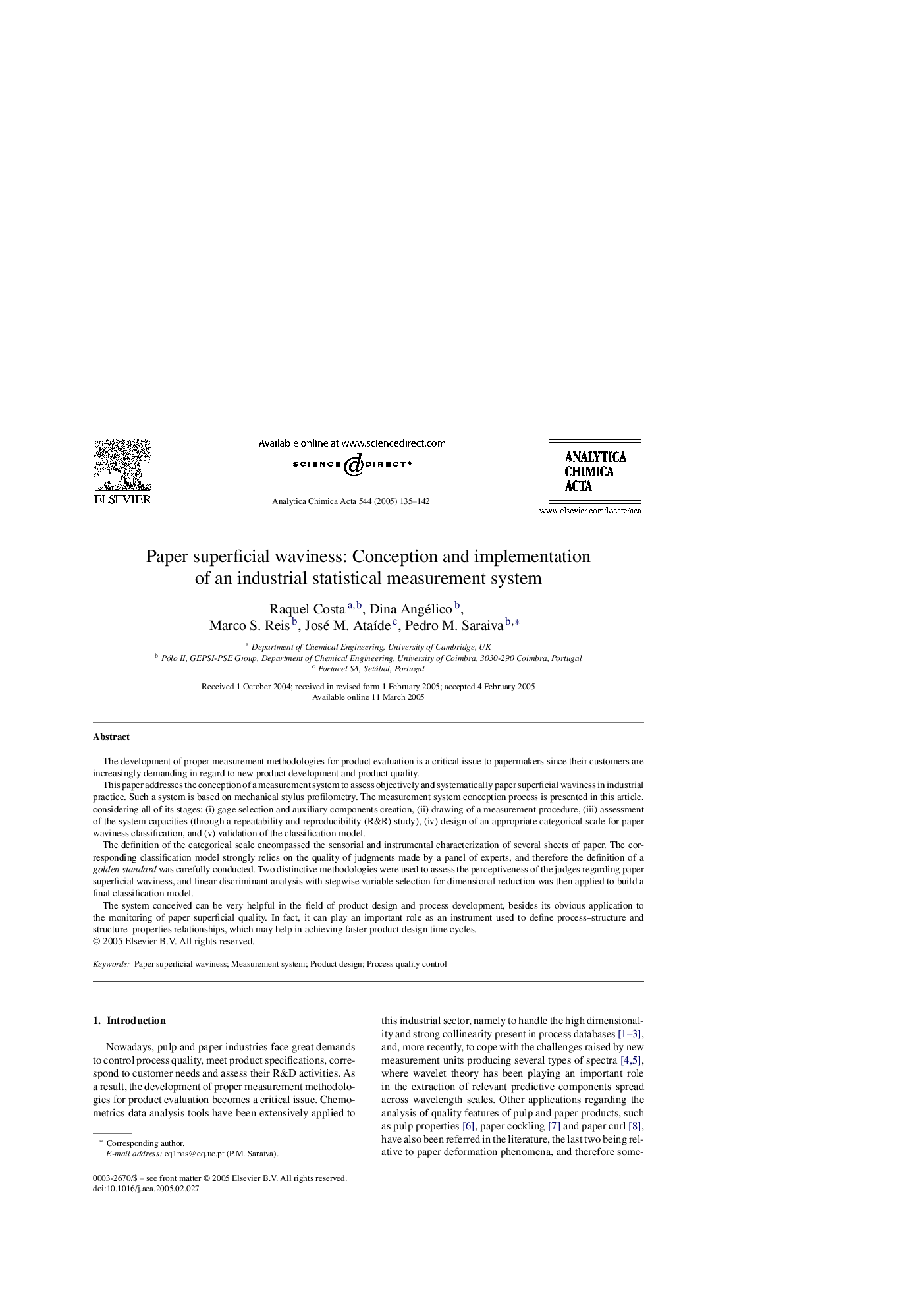 Paper superficial waviness: Conception and implementation of an industrial statistical measurement system