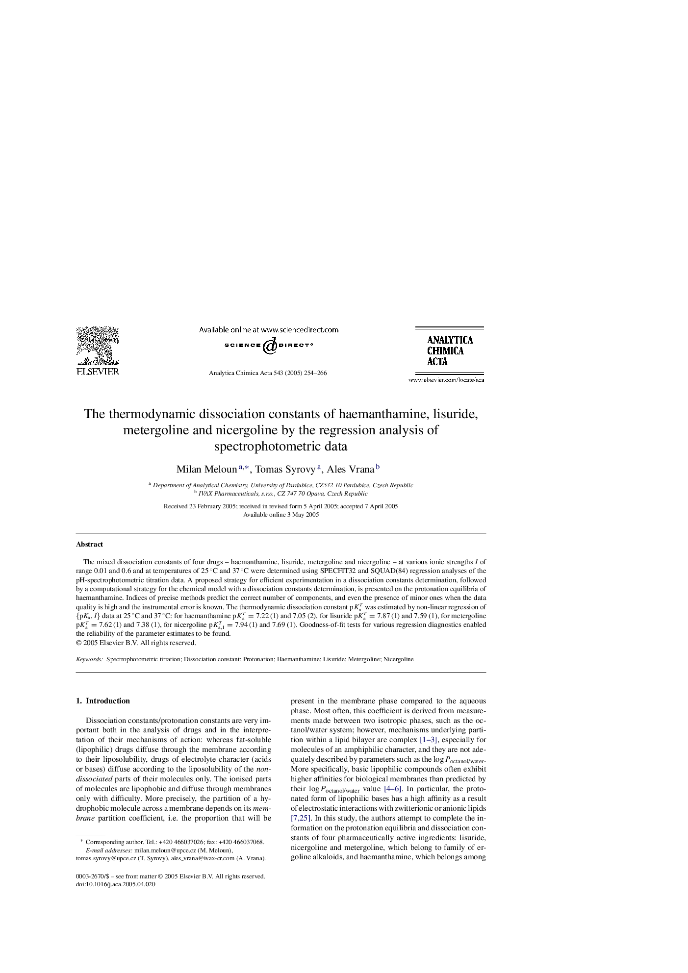 The thermodynamic dissociation constants of haemanthamine, lisuride, metergoline and nicergoline by the regression analysis of spectrophotometric data