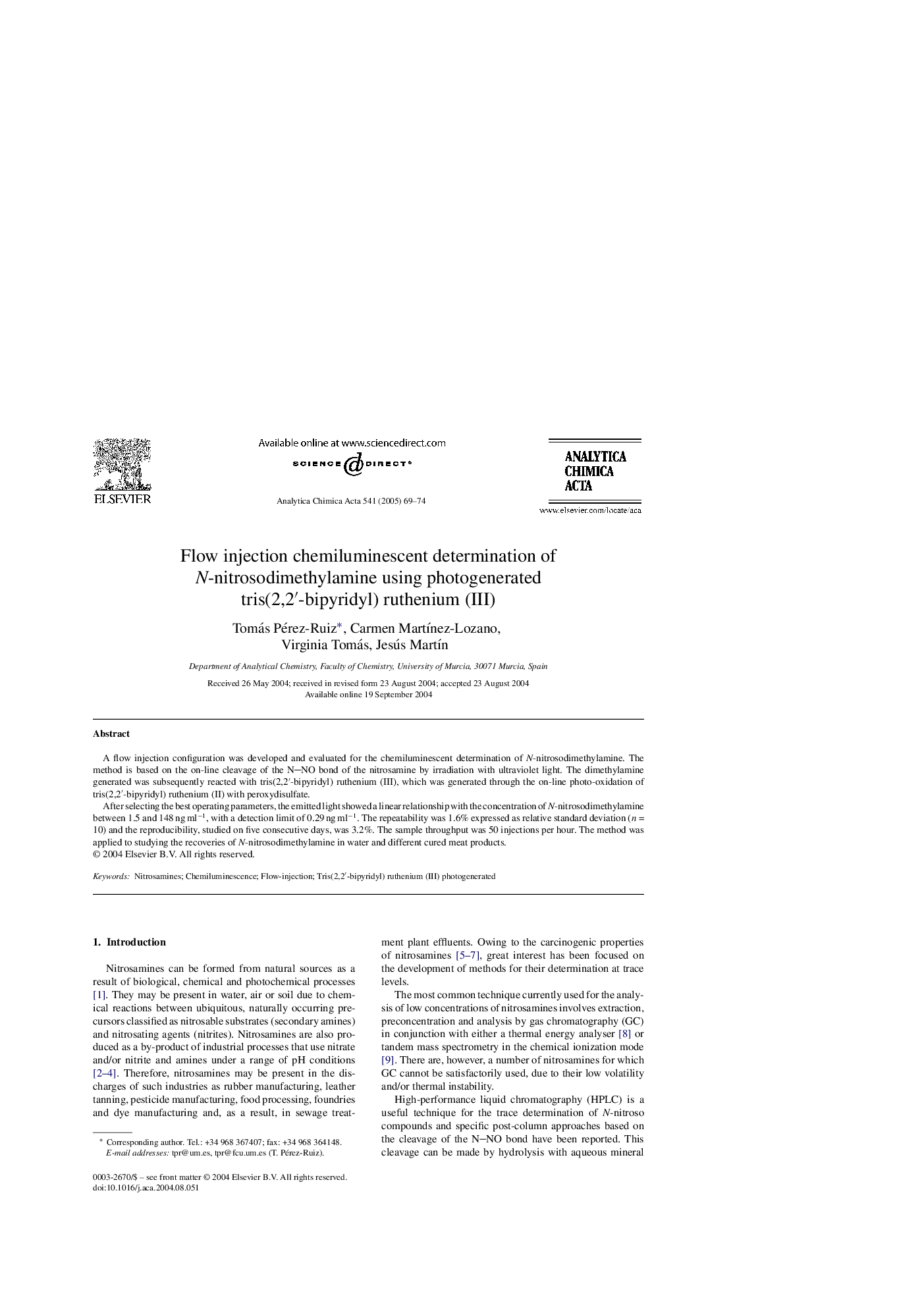 Flow injection chemiluminescent determination of N-nitrosodimethylamine using photogenerated tris(2,2â²-bipyridyl) ruthenium (III)