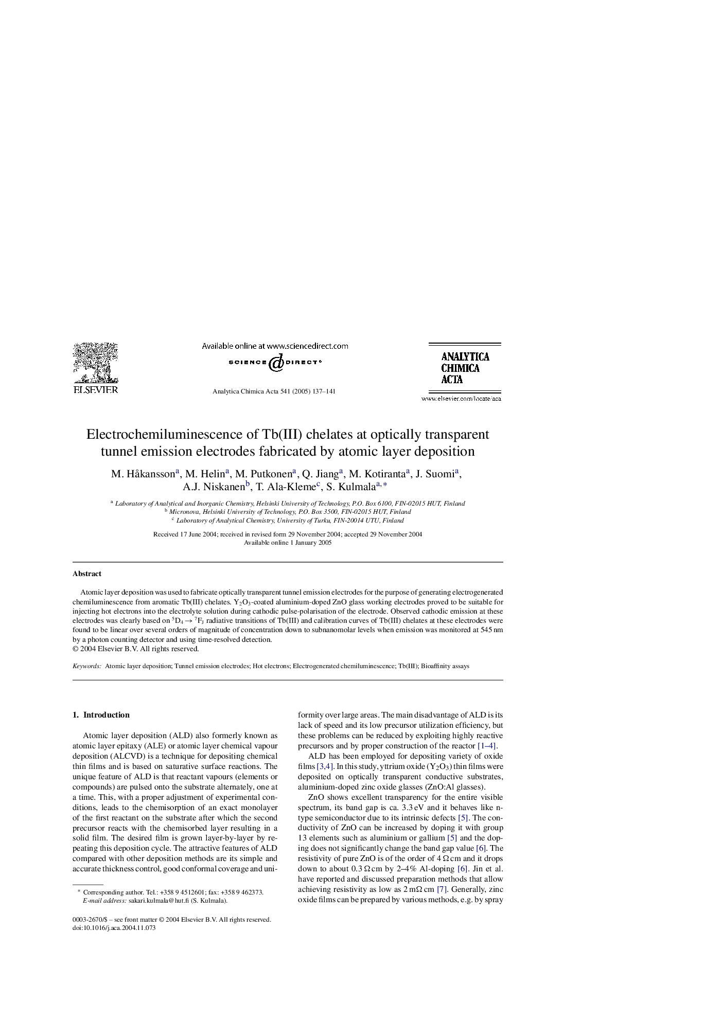 Electrochemiluminescence of Tb(III) chelates at optically transparent tunnel emission electrodes fabricated by atomic layer deposition