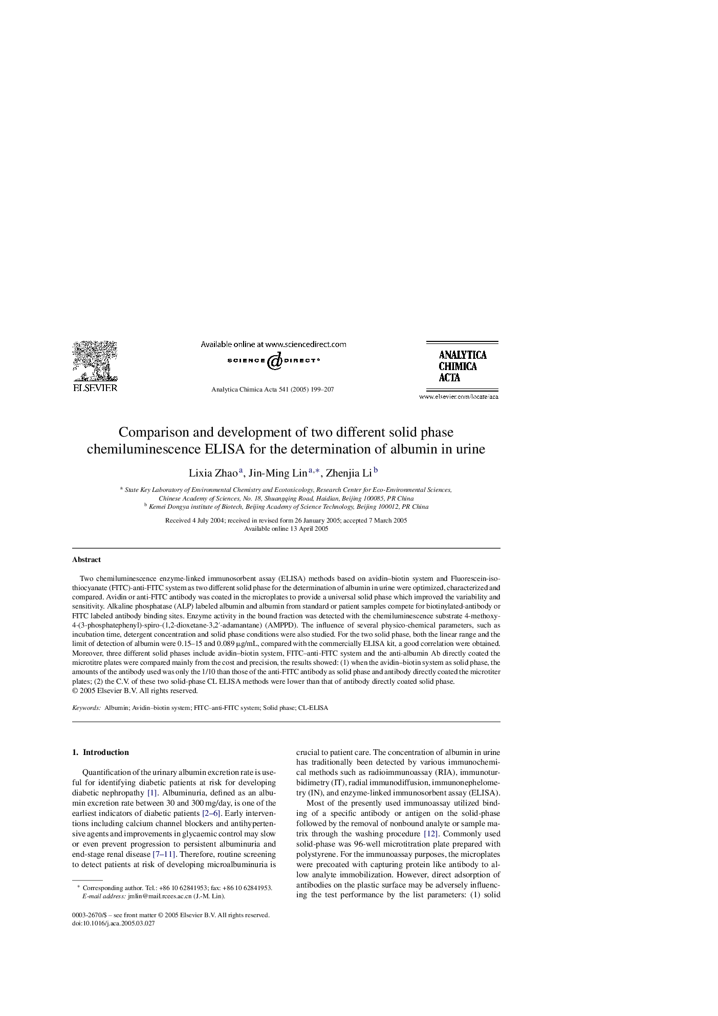 Comparison and development of two different solid phase chemiluminescence ELISA for the determination of albumin in urine