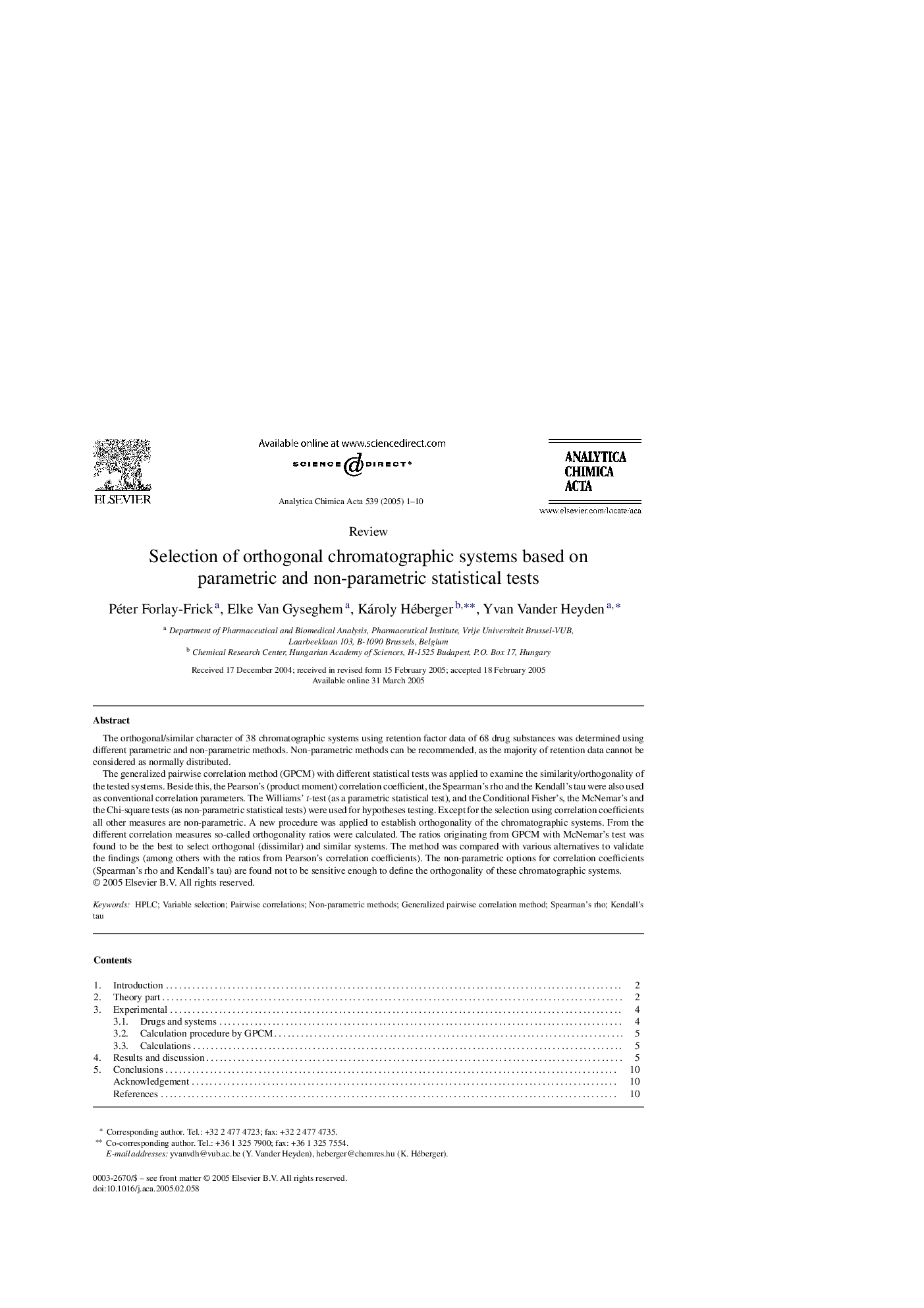 Selection of orthogonal chromatographic systems based on parametric and non-parametric statistical tests