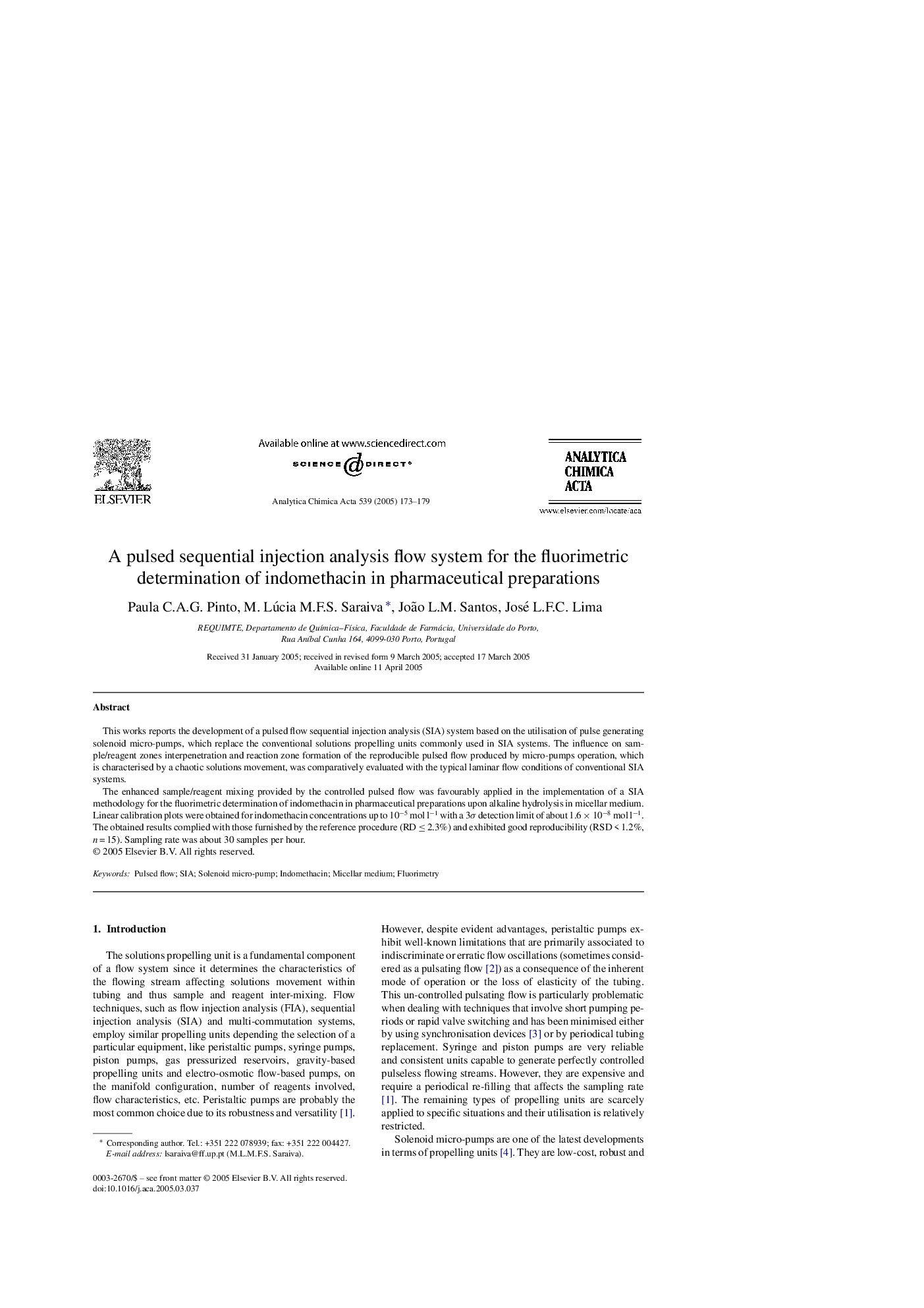 A pulsed sequential injection analysis flow system for the fluorimetric determination of indomethacin in pharmaceutical preparations