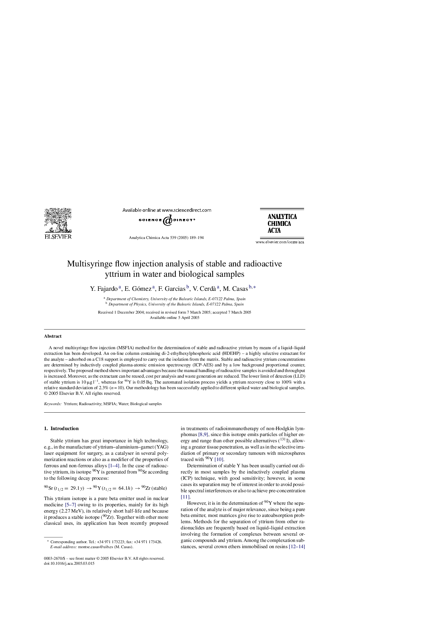 Multisyringe flow injection analysis of stable and radioactive yttrium in water and biological samples