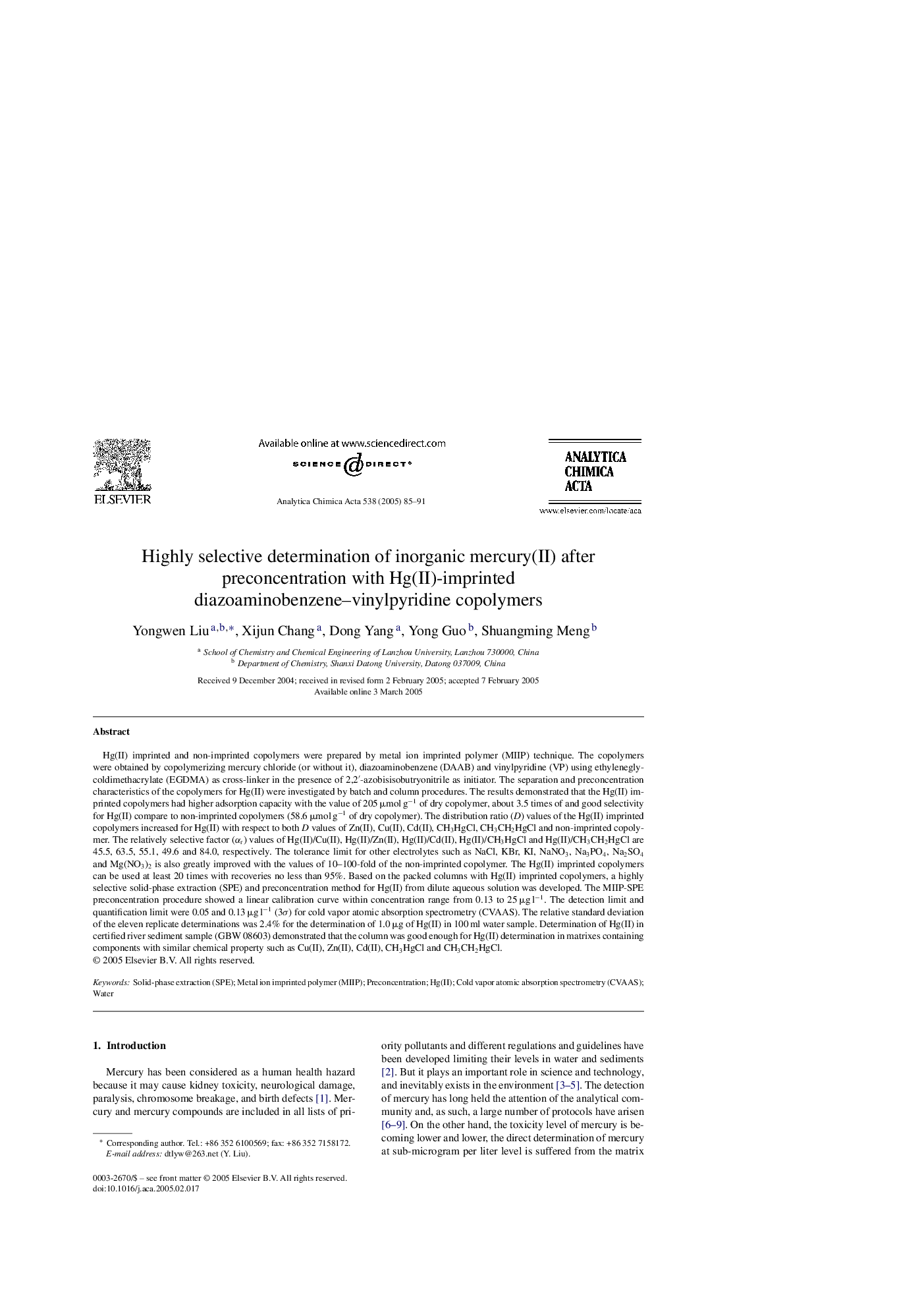 Highly selective determination of inorganic mercury(II) after preconcentration with Hg(II)-imprinted diazoaminobenzene-vinylpyridine copolymers