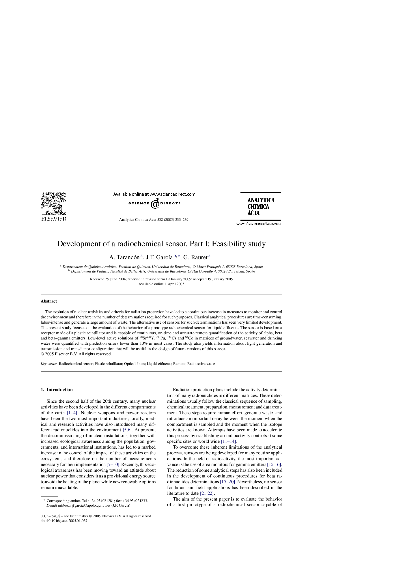 Development of a radiochemical sensor. Part I: Feasibility study