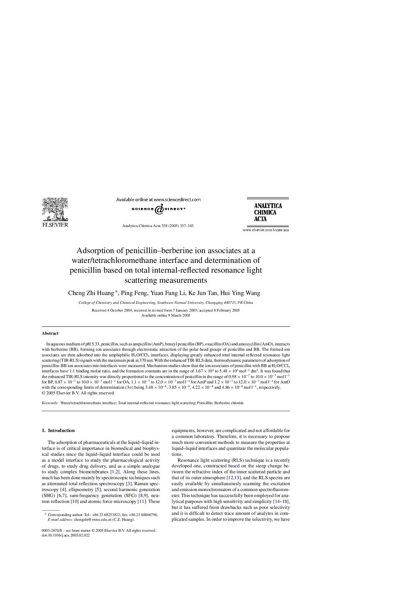 Adsorption of penicillin-berberine ion associates at a water/tetrachloromethane interface and determination of penicillin based on total internal-reflected resonance light scattering measurements