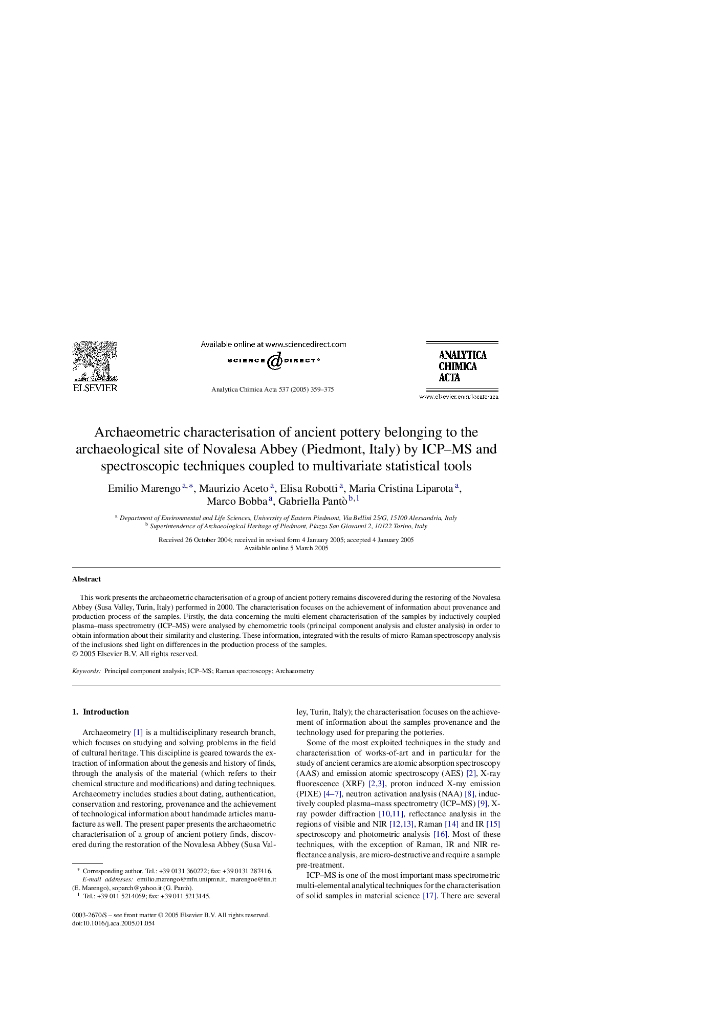 Archaeometric characterisation of ancient pottery belonging to the archaeological site of Novalesa Abbey (Piedmont, Italy) by ICP-MS and spectroscopic techniques coupled to multivariate statistical tools