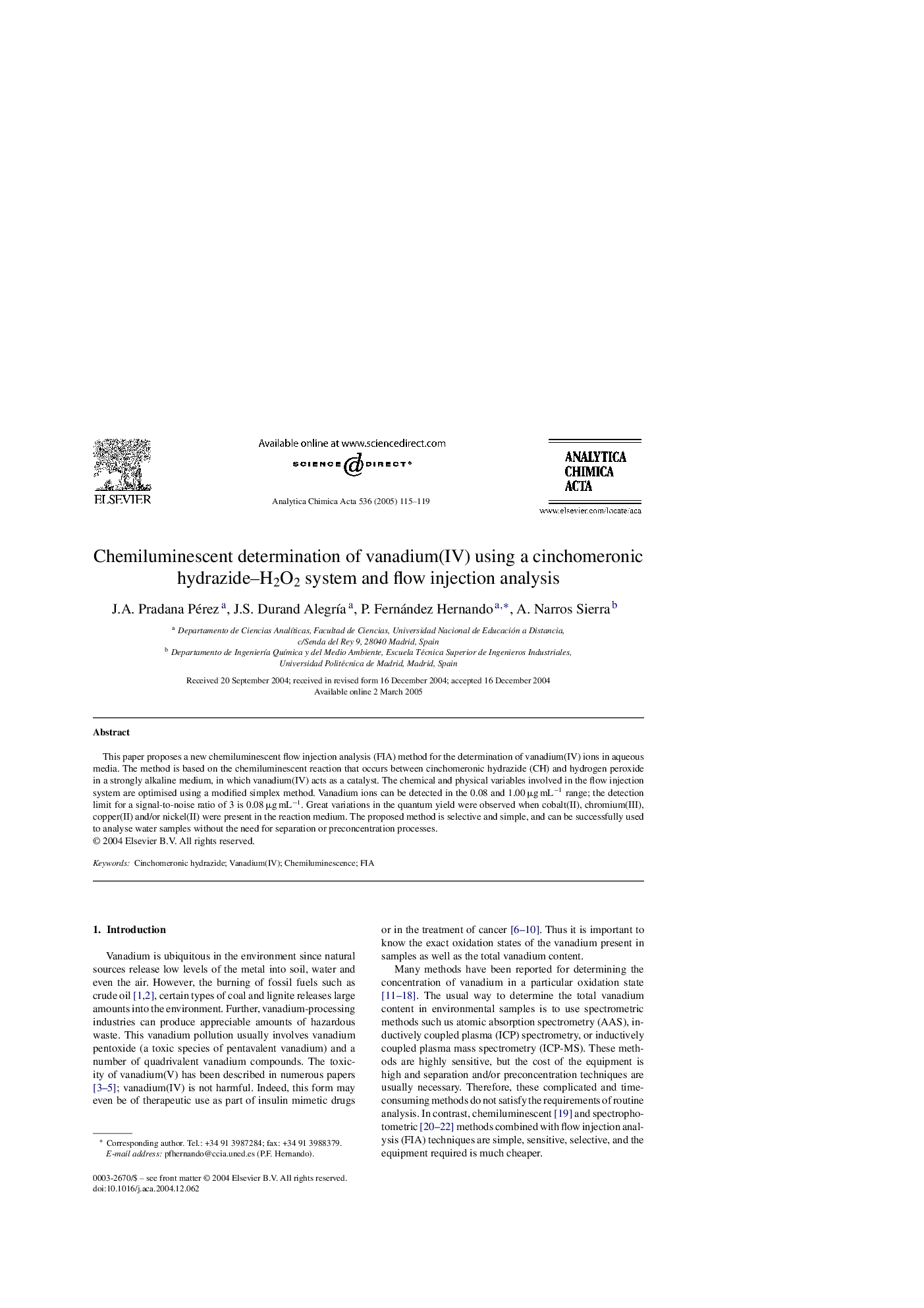 Chemiluminescent determination of vanadium(IV) using a cinchomeronic hydrazide-H2O2 system and flow injection analysis