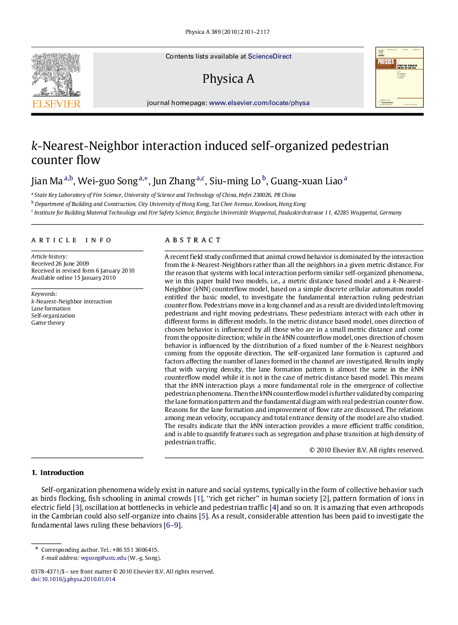 kk-Nearest-Neighbor interaction induced self-organized pedestrian counter flow