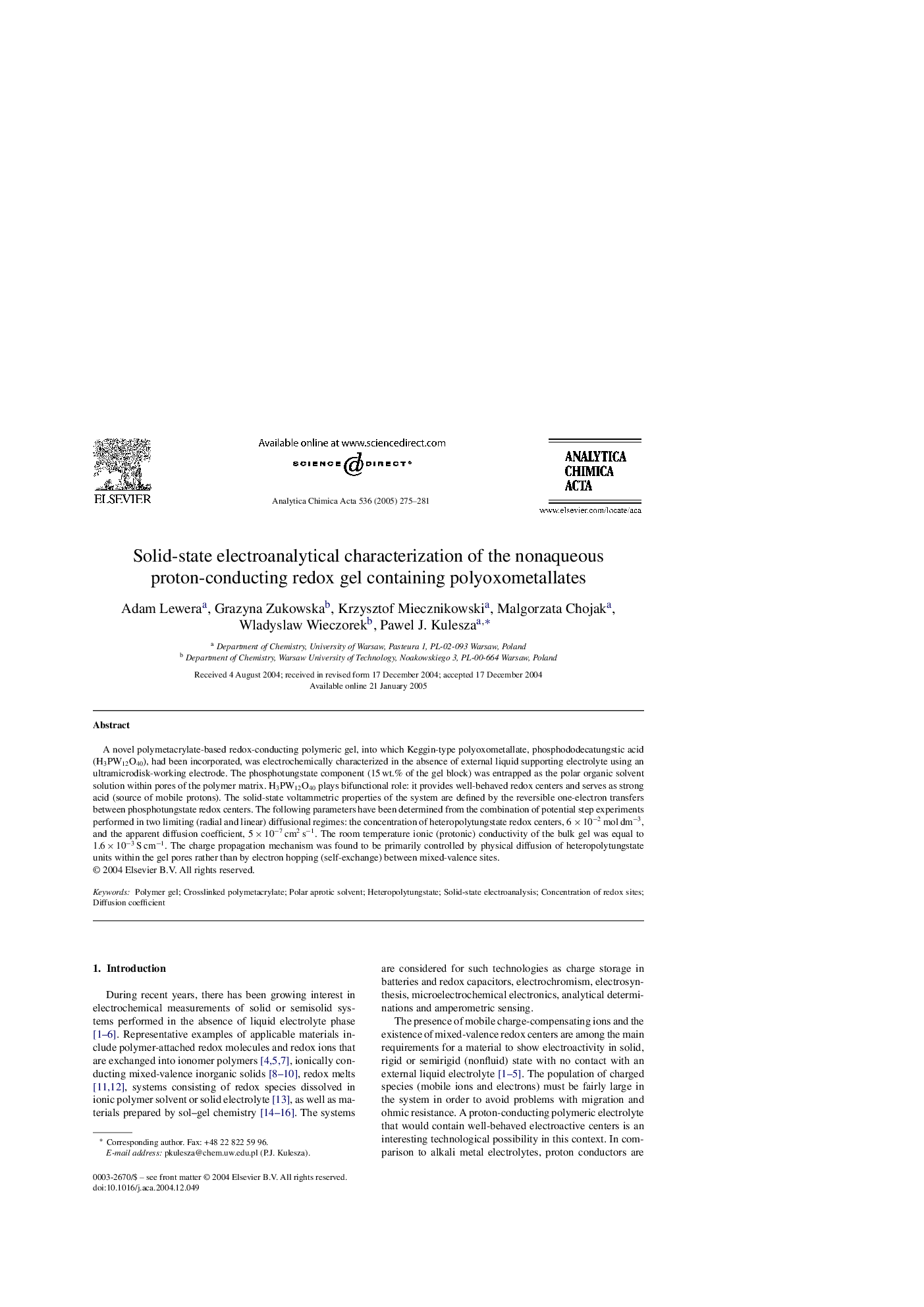 Solid-state electroanalytical characterization of the nonaqueous proton-conducting redox gel containing polyoxometallates