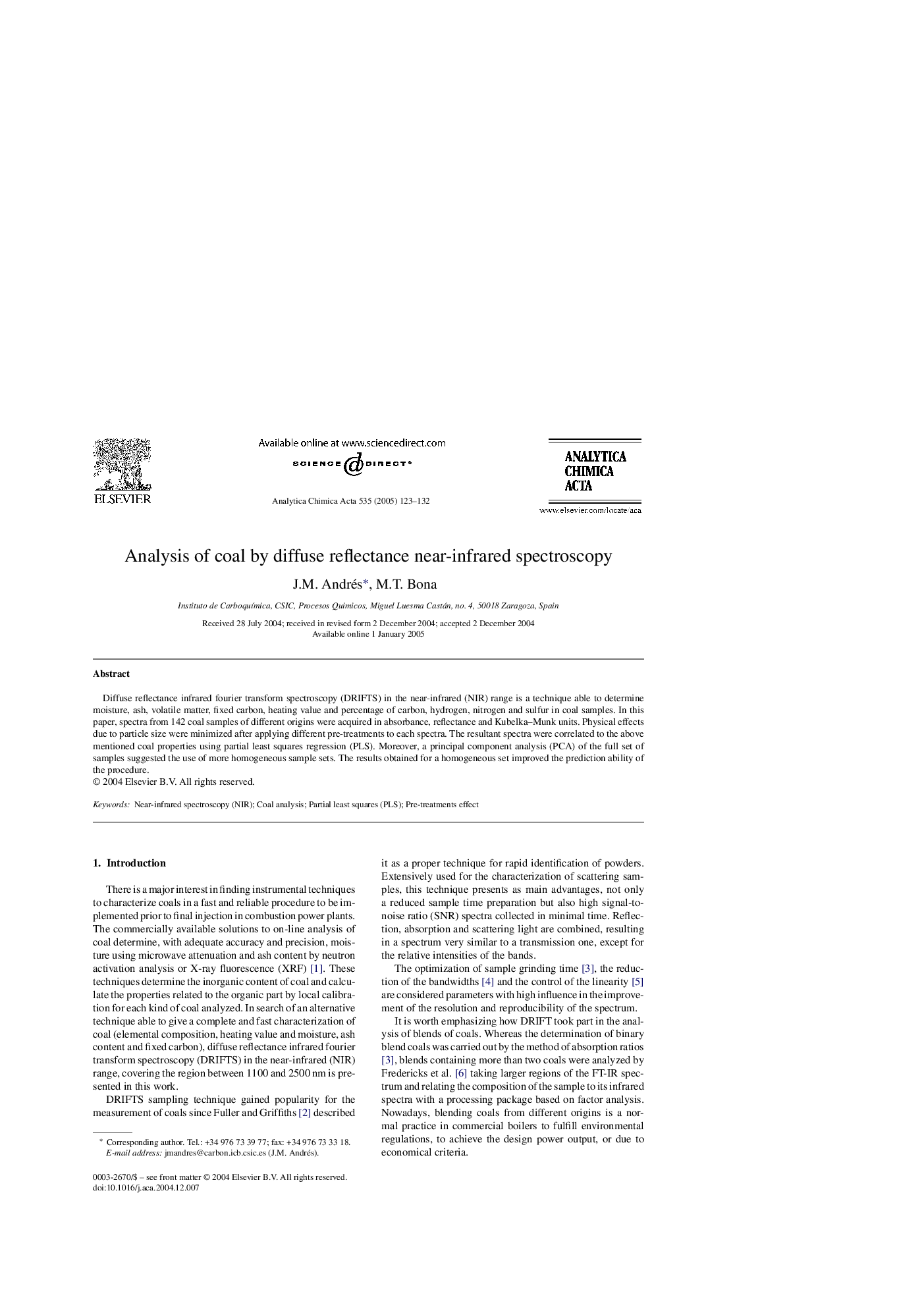 Analysis of coal by diffuse reflectance near-infrared spectroscopy