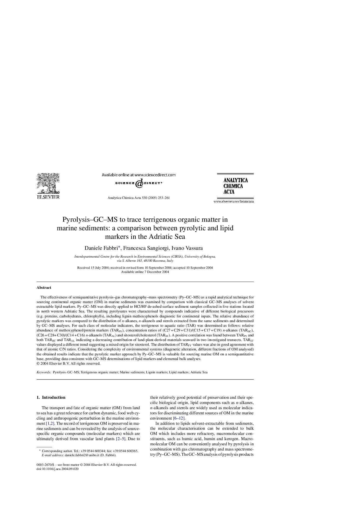 Pyrolysis-GC-MS to trace terrigenous organic matter in marine sediments: a comparison between pyrolytic and lipid markers in the Adriatic Sea